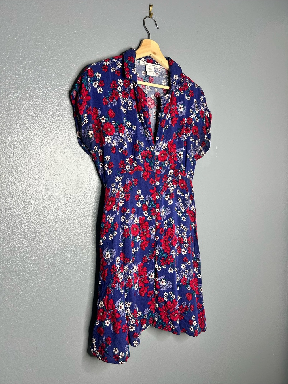 American Rag Navy Dress with Red & White Floral Print Fit and Flare 90’s Large